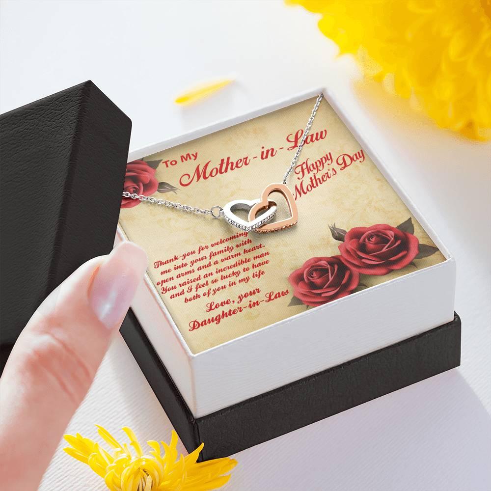 Mother's Day Gold and Silver Heart Necklace for Mother-in-Law from Daughter in Law with Message Card - Mallard Moon Gift Shop