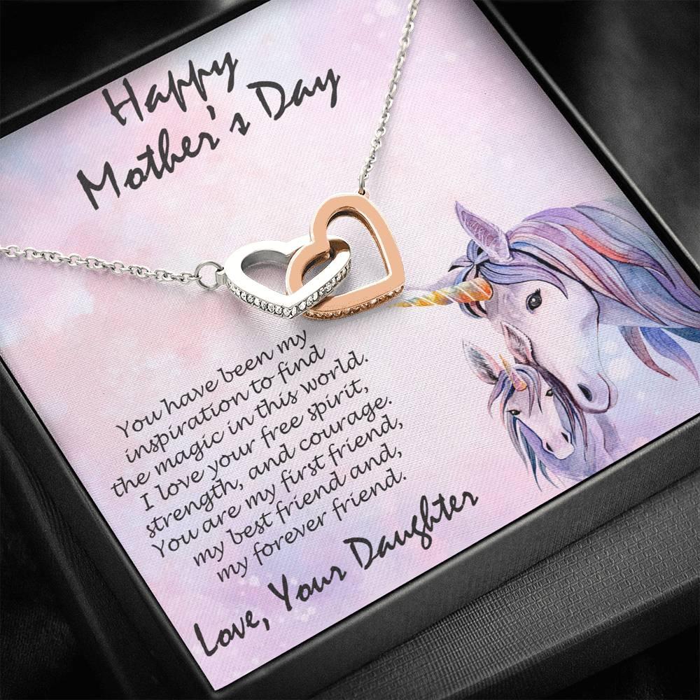 Mother's Day Gift from Daughter Gold and Silver Hearts Pendant Necklace on Unicorn Message Card - Mallard Moon Gift Shop