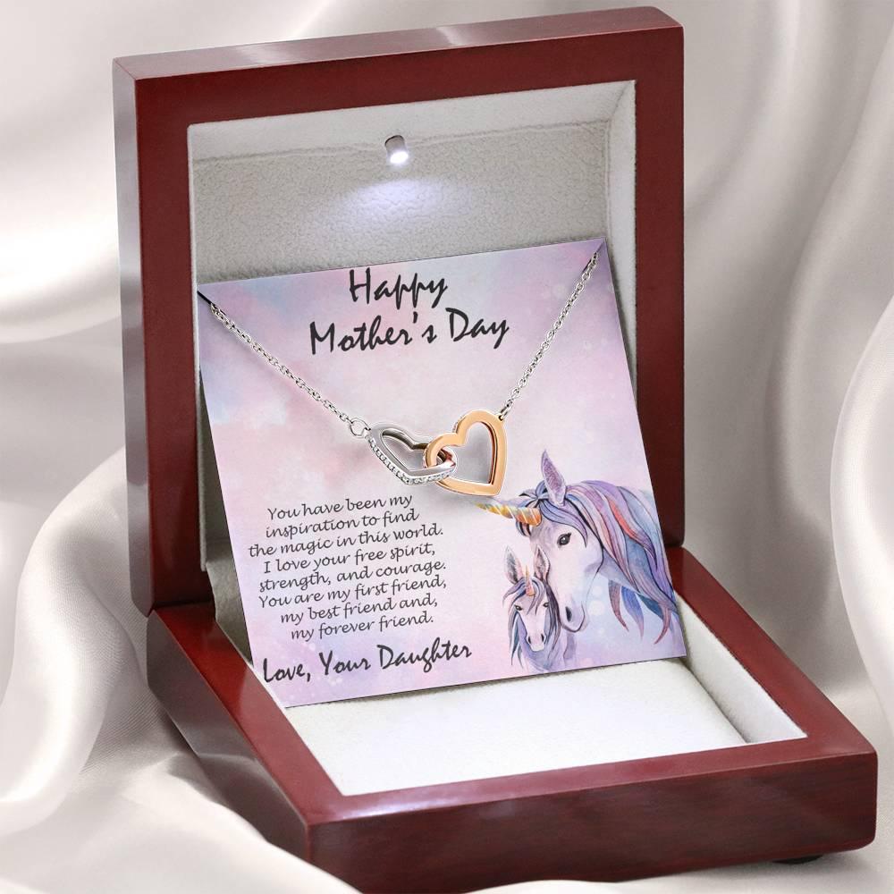 Mother's Day Gift from Daughter Gold and Silver Hearts Pendant Necklace on Unicorn Message Card - Mallard Moon Gift Shop