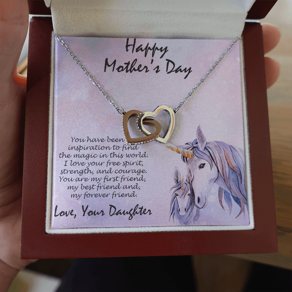Mother's Day Gift from Daughter Gold and Silver Hearts Pendant Necklace on Unicorn Message Card - Mallard Moon Gift Shop