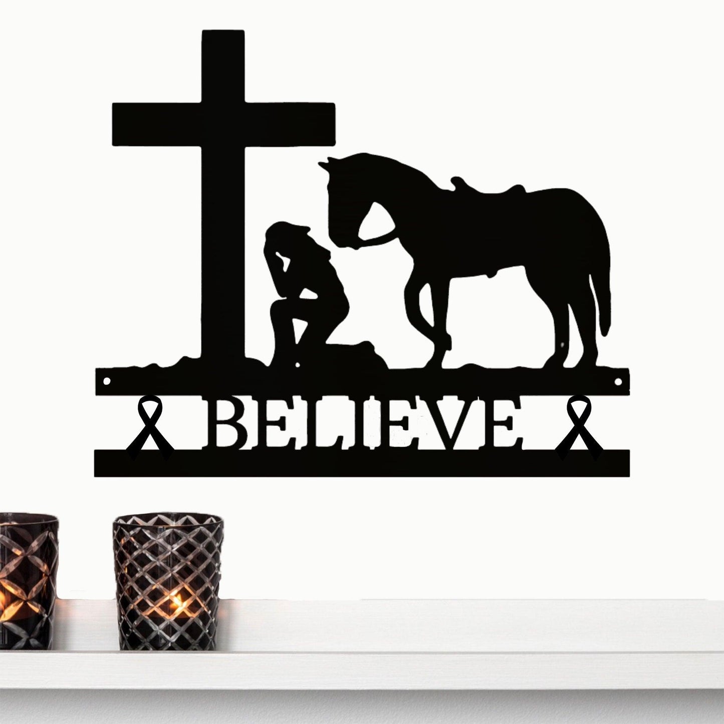 Cancer Ribbon Believe Cowgirl Kneeling at Cross Metal Art - Mallard Moon Gift Shop