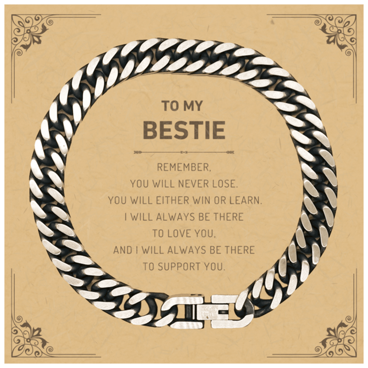 Bestie Gifts, To My Bestie Remember, you will never lose. You will either WIN or LEARN, Keepsake Cuban Link Chain Bracelet For Bestie Card, Birthday Christmas Gifts Ideas For Bestie X-mas Gifts - Mallard Moon Gift Shop