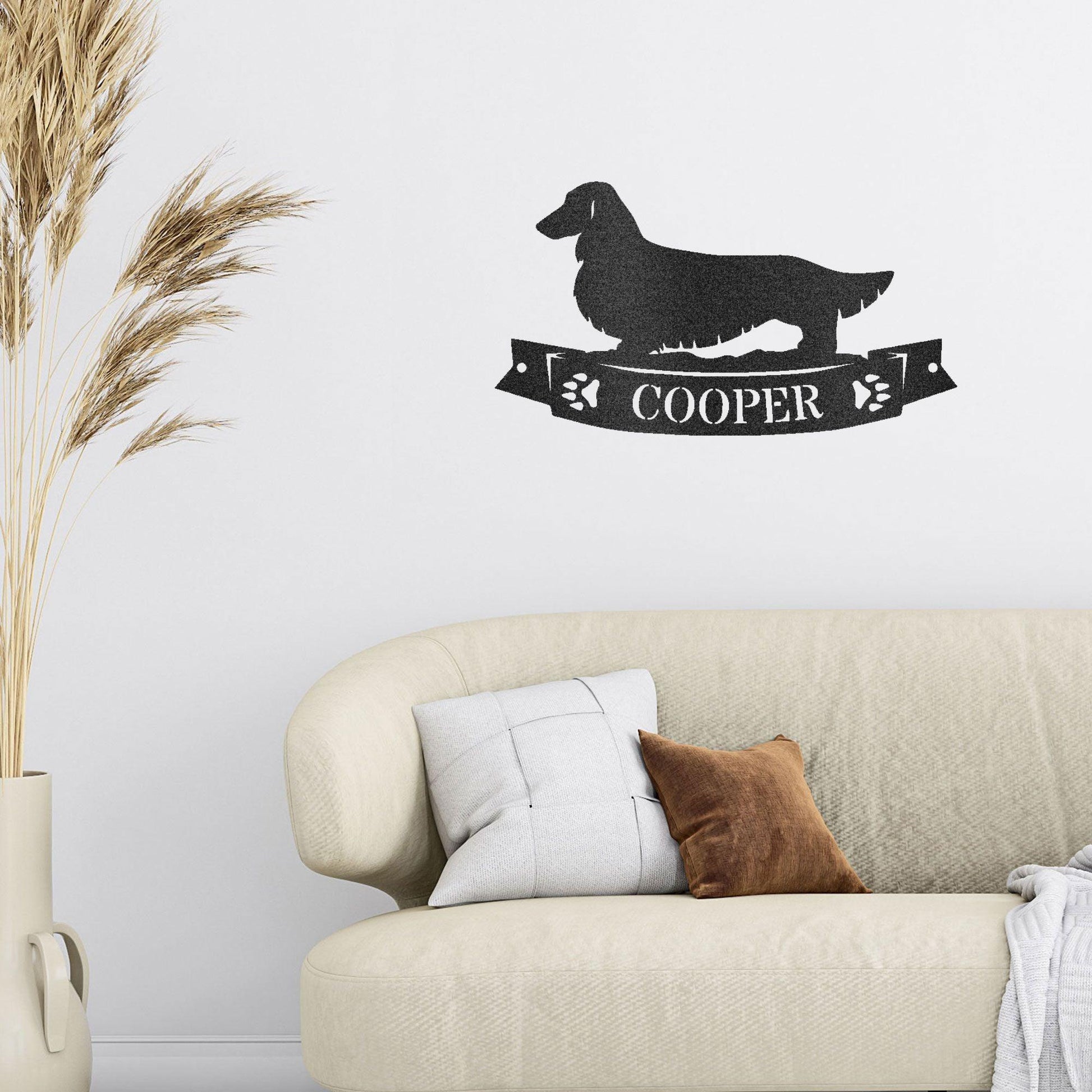 Dachshund Long Haired Banner Custom Name Metal Art Wall Sign - Mallard Moon Gift Shop