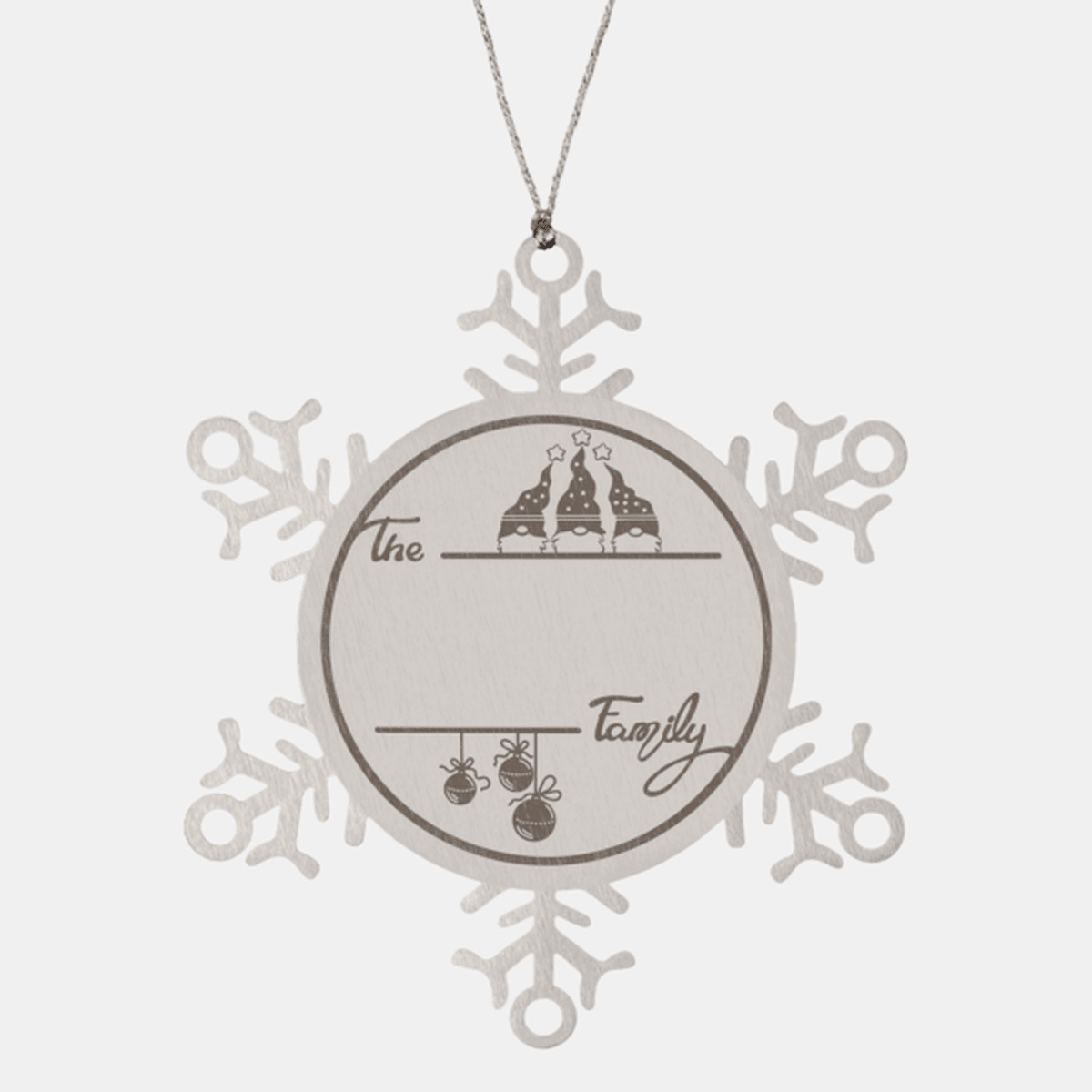 Gnome Family Name Personalized Laser Engraved Stainless Steel Snowflake Tree Ornament - Mallard Moon Gift Shop