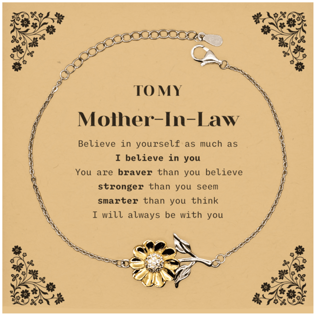 Mother-In-Law Sunflower Bracelet Gifts, To My Mother-In-Law You are braver than you believe, stronger than you seem, Inspirational Gifts For Mother-In-Law Card, Birthday, Christmas Gifts For Mother-In-Law Men Women - Mallard Moon Gift Shop