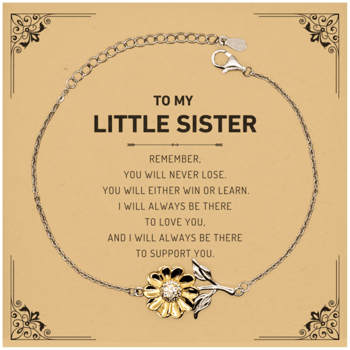 Little Sister Gifts, To My Little Sister Remember, you will never lose. You will either WIN or LEARN, Keepsake Sunflower Bracelet For Little Sister Card, Birthday Christmas Gifts Ideas For Little Sister X-mas Gifts - Mallard Moon Gift Shop