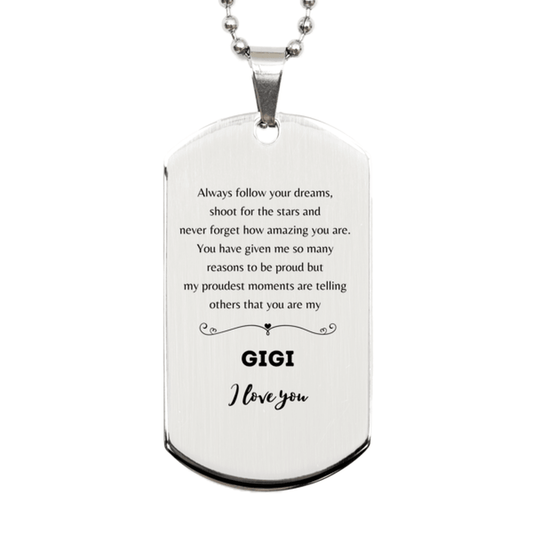 Gigi Silver Dog Tag Engraved Necklace - Always Follow your Dreams - Birthday, Christmas Holiday Jewelry Gift - Mallard Moon Gift Shop