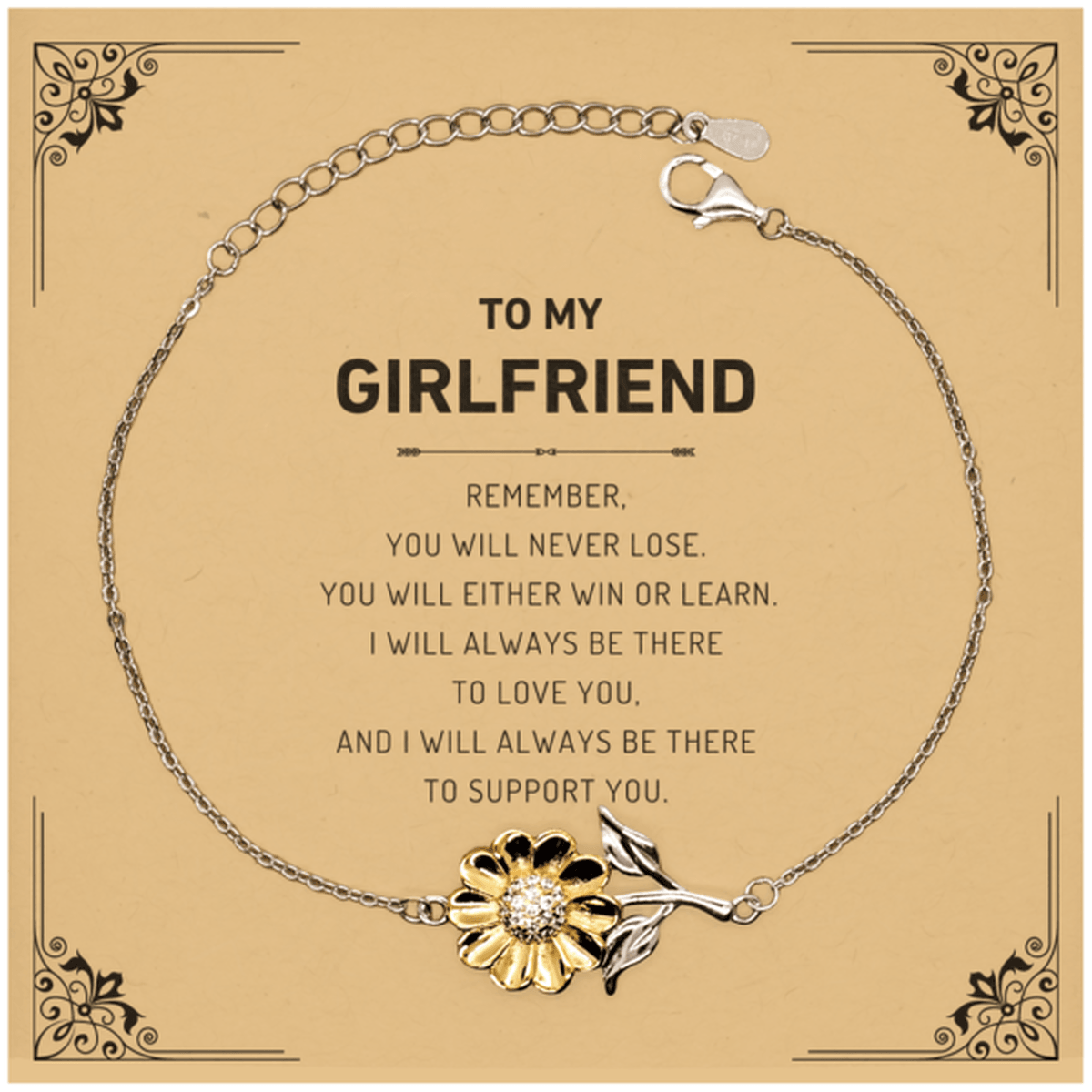 Girlfriend Gifts, To My Girlfriend Remember, you will never lose. You will either WIN or LEARN, Keepsake Sunflower Bracelet For Girlfriend Card, Birthday Christmas Gifts Ideas For Girlfriend X-mas Gifts - Mallard Moon Gift Shop