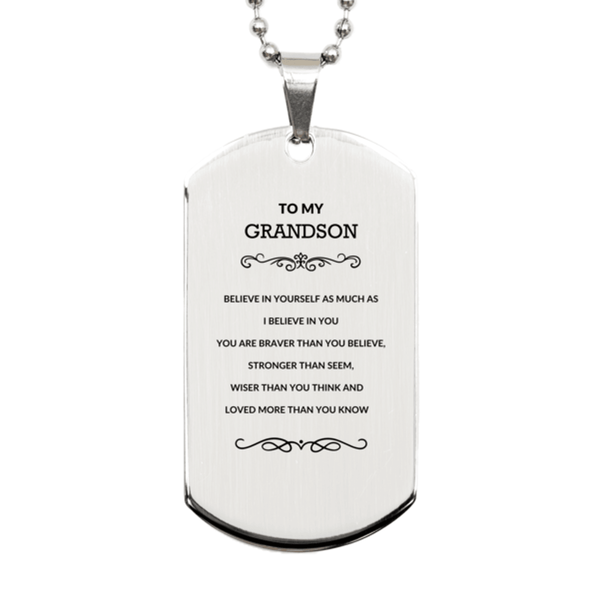 Grandson Engraved Silver Dog Tag Necklace, Motivational Heartfelt Birthday, Christmas Holiday Gifts For Grandson, You are Braver than you Believe, Loved More than you Know - Mallard Moon Gift Shop