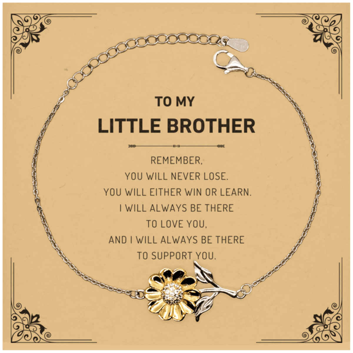 Little Brother Gifts, To My Little Brother Remember, you will never lose. You will either WIN or LEARN, Keepsake Sunflower Bracelet For Little Brother Card, Birthday Christmas Gifts Ideas For Little Brother X-mas Gifts - Mallard Moon Gift Shop