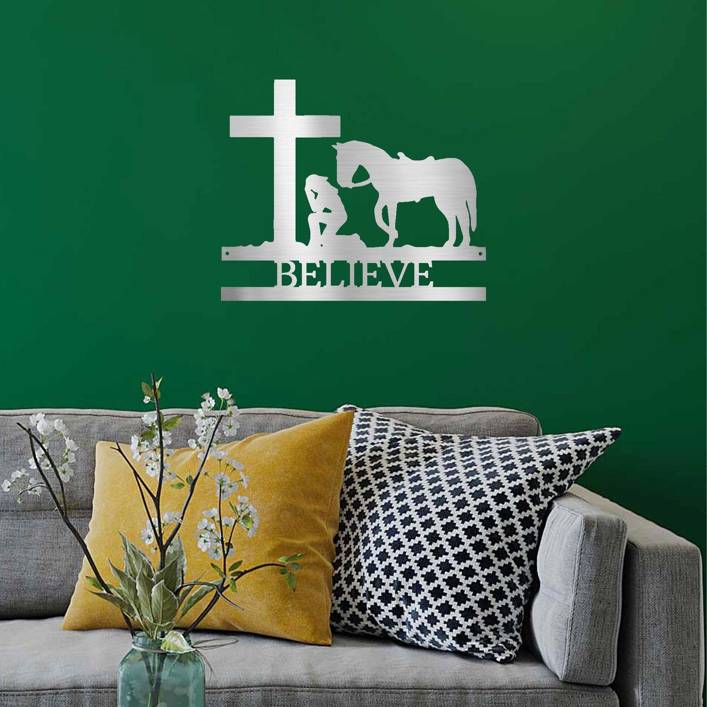 Praying Cowgirl with Horse Kneeling at Cross Custom Name Metal Wall Art - Mallard Moon Gift Shop