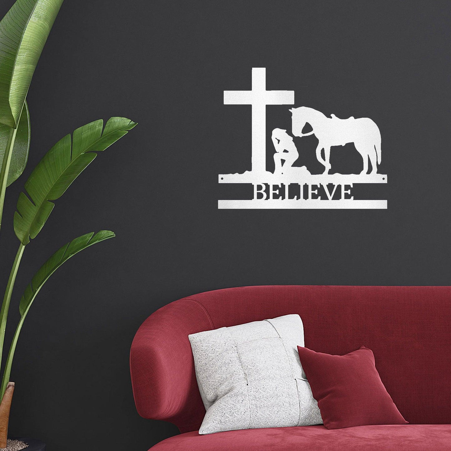 Praying Cowgirl with Horse Kneeling at Cross Custom Name Metal Wall Art - Mallard Moon Gift Shop