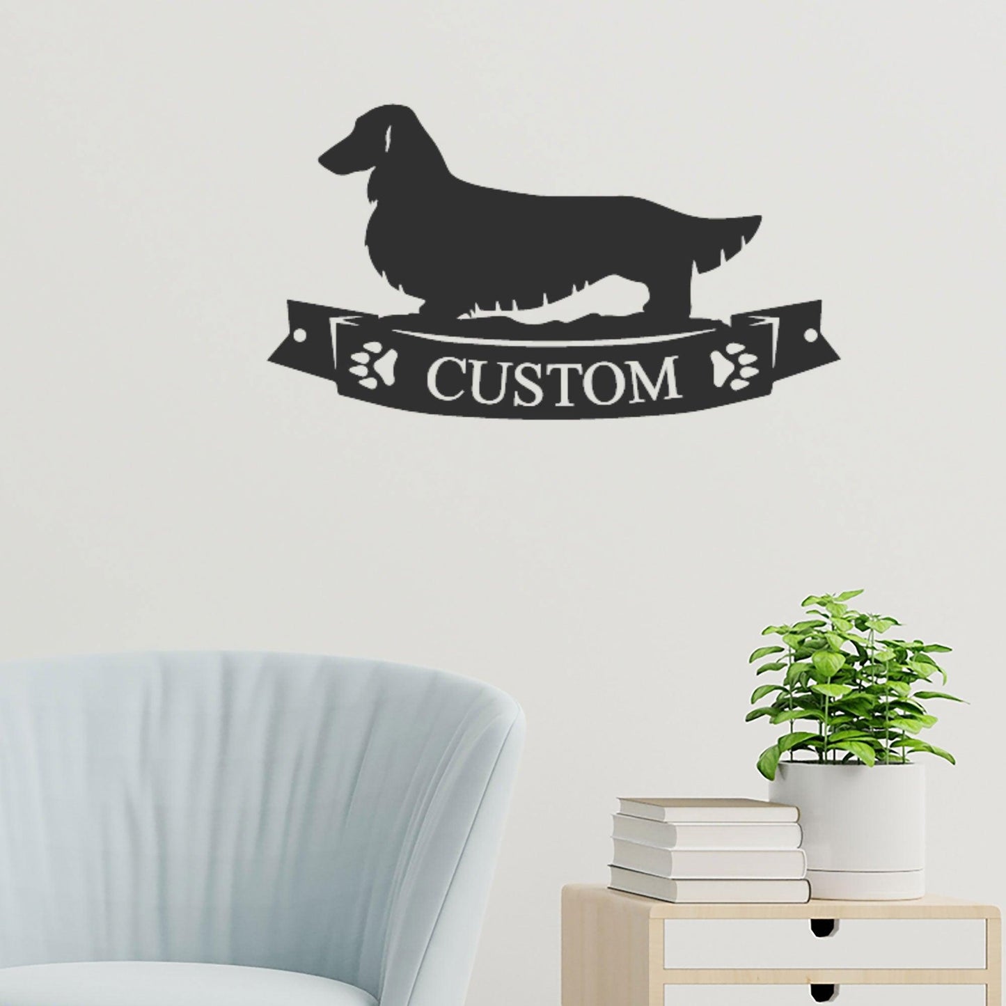 Dachshund Long Haired Banner Custom Name Metal Art Wall Sign - Mallard Moon Gift Shop
