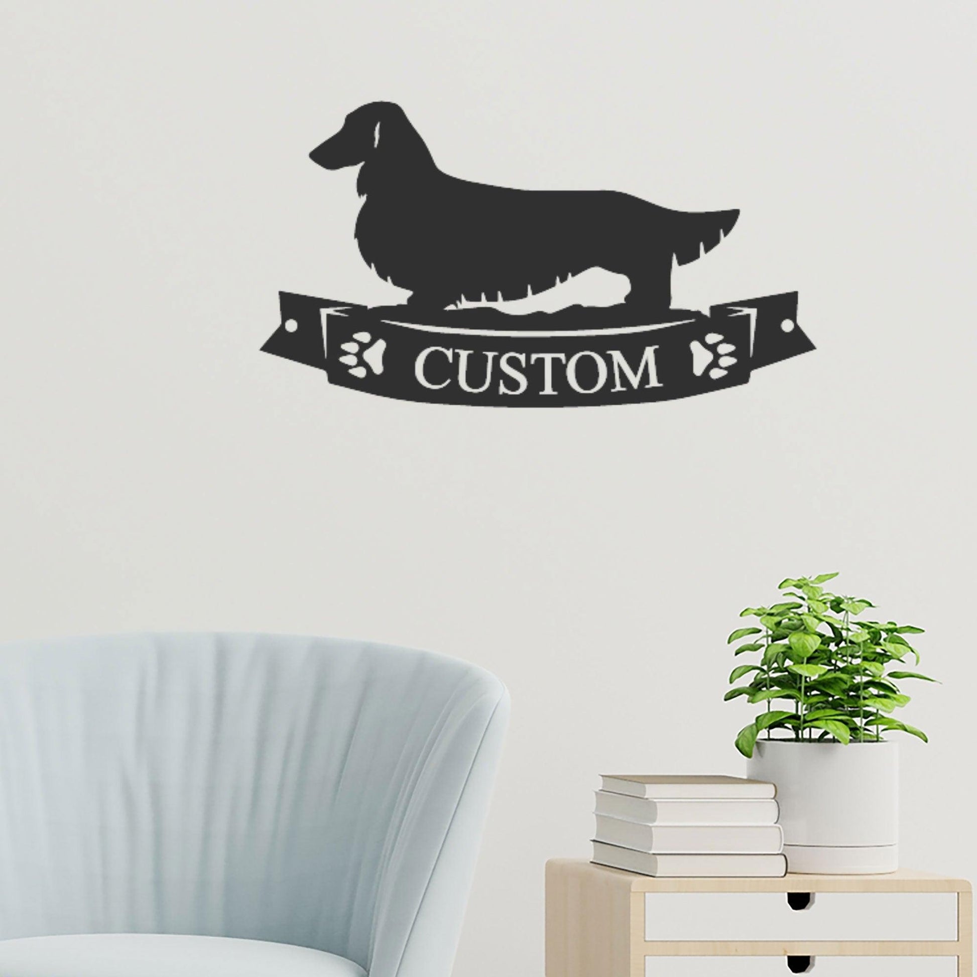 Dachshund Long Haired Banner Custom Name Metal Art Wall Sign - Mallard Moon Gift Shop