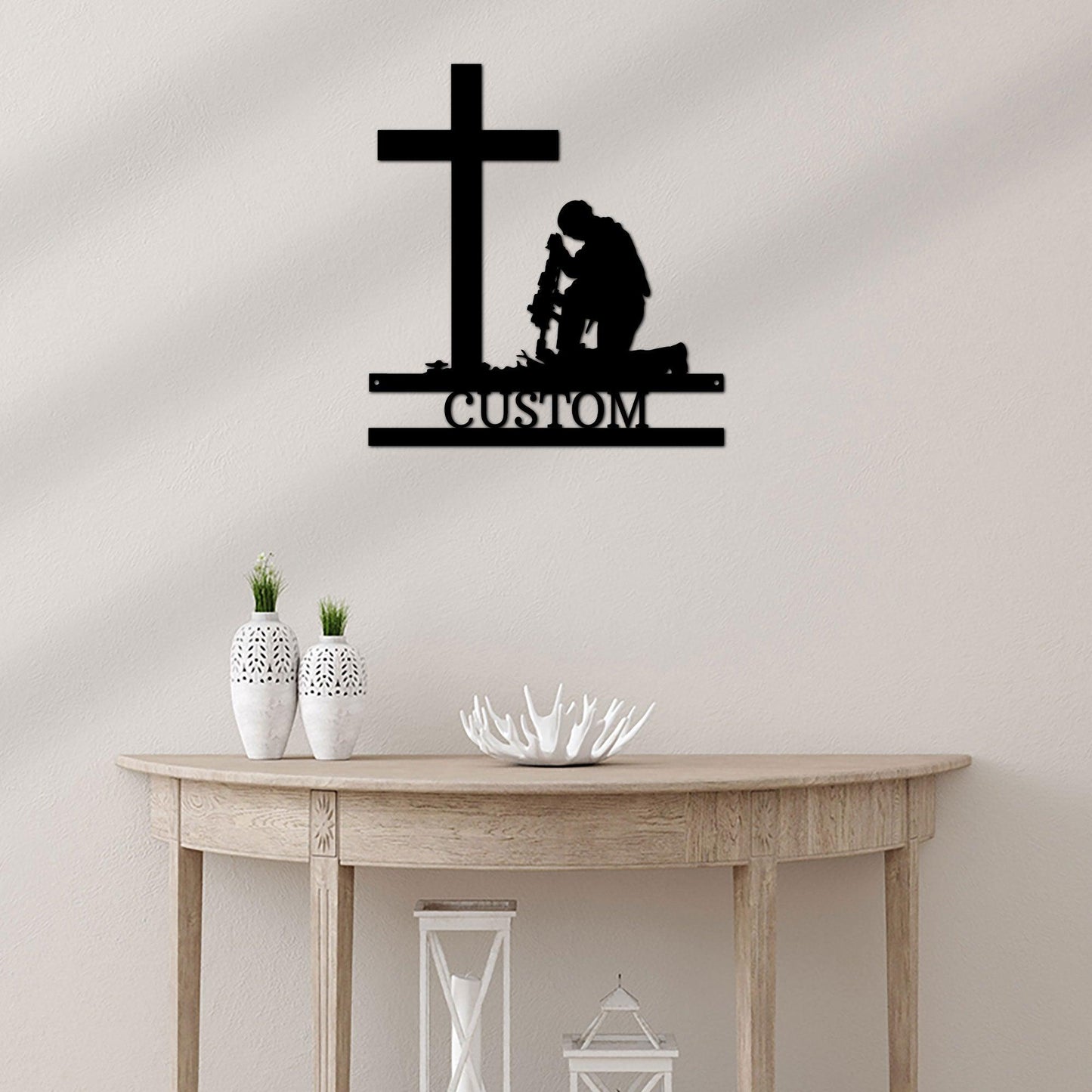 Praying Soldier Kneeling at Cross Custom Name Metal Wall Art - Mallard Moon Gift Shop