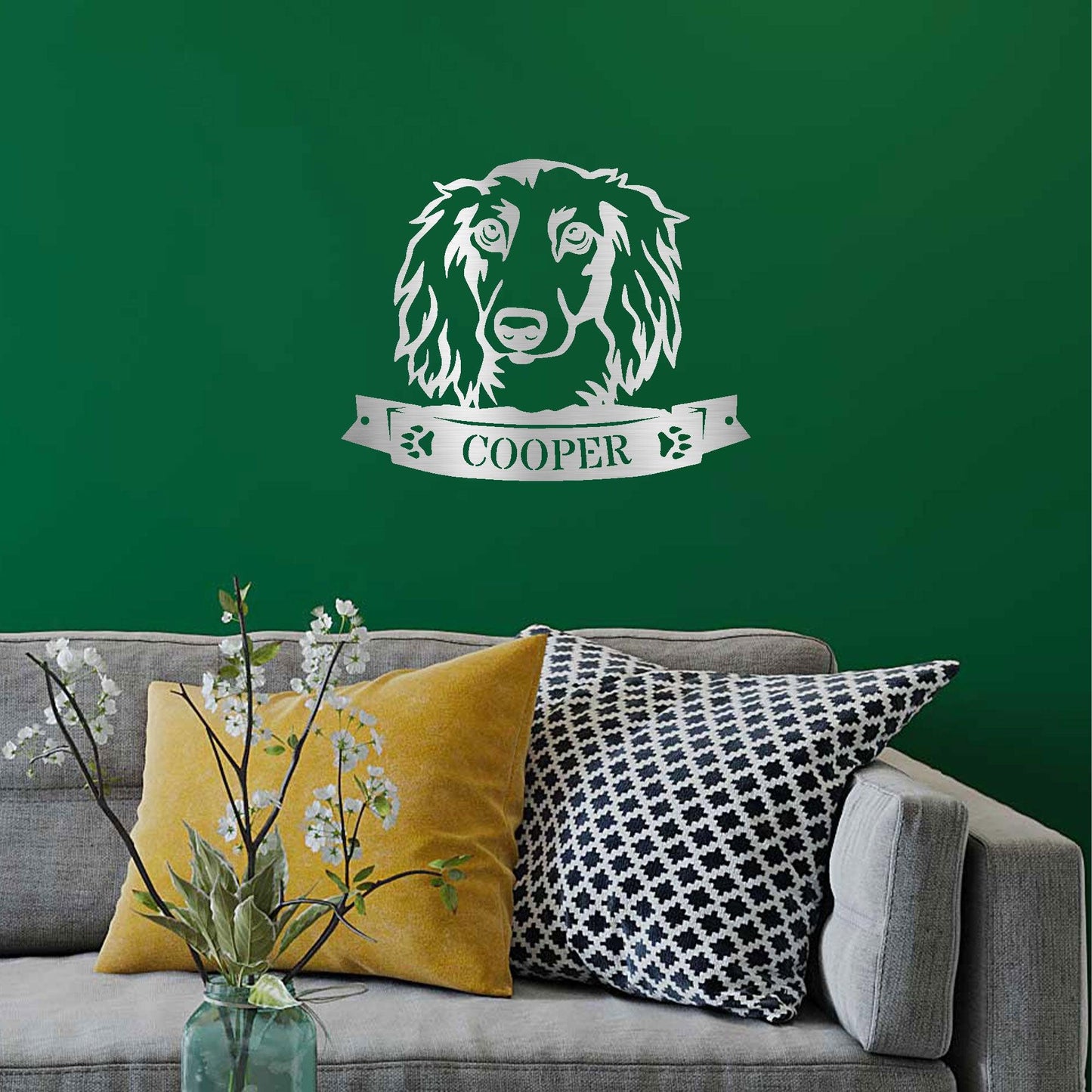 Dachshund Face Long-haired Custom Name Metal Art Wall Sign - Mallard Moon Gift Shop