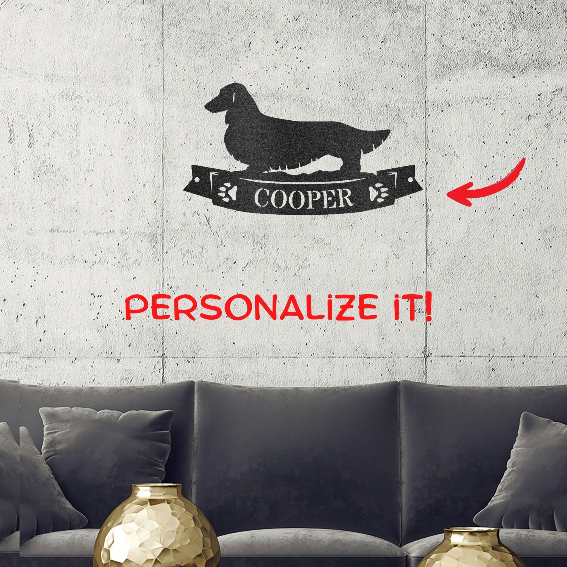Dachshund Long Haired Banner Custom Name Metal Art Wall Sign - Mallard Moon Gift Shop