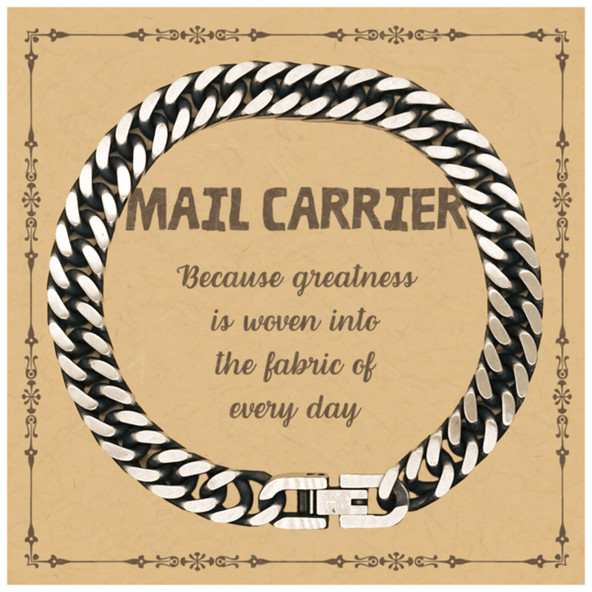Sarcastic Mail Carrier Cuban Link Chain Bracelet Gifts, Christmas Holiday Gifts for Mail Carrier Birthday Message Card, Mail Carrier: Because greatness is woven into the fabric of every day, Coworkers, Friends - Mallard Moon Gift Shop