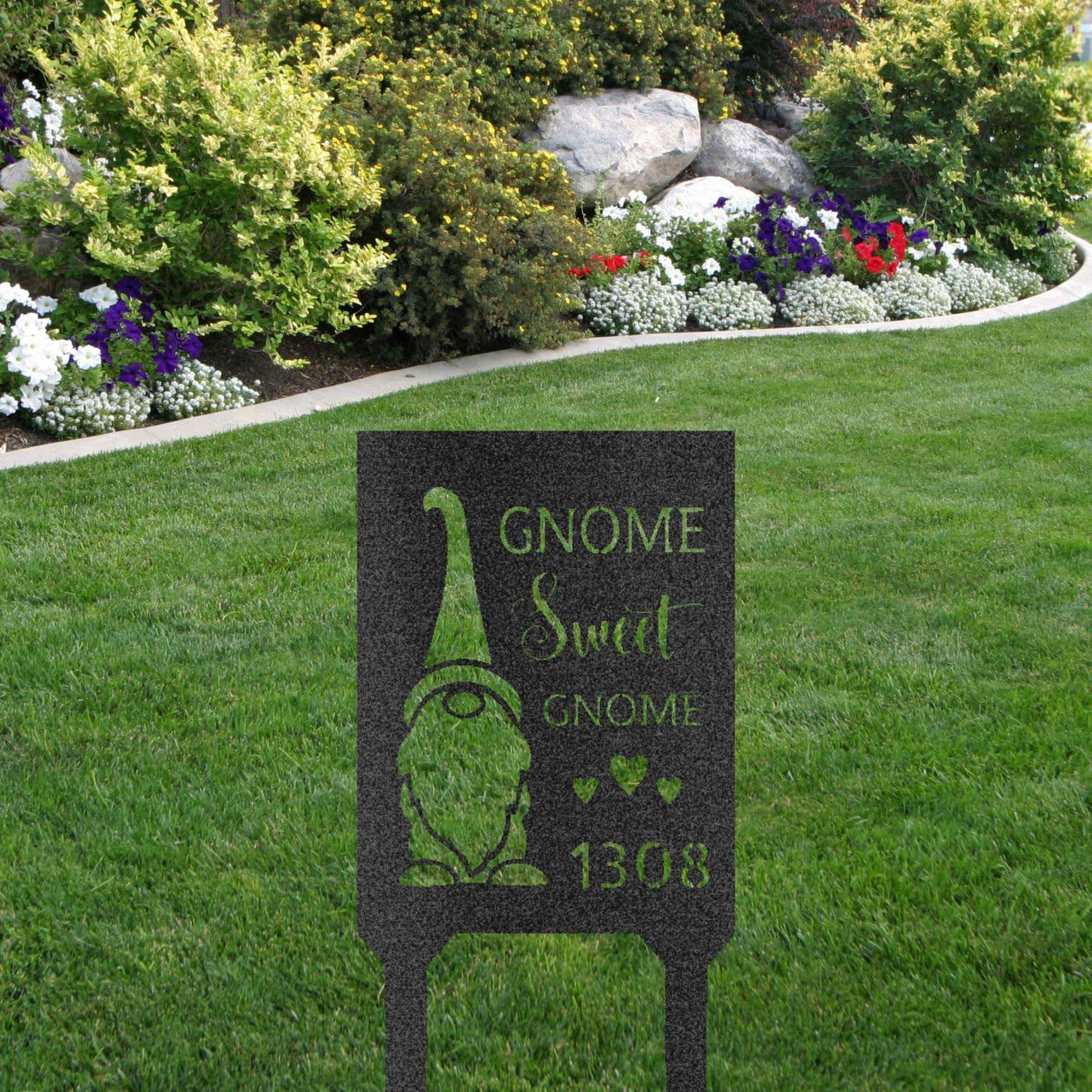 Gnome Sweet Home Custom Address Garden Lawn Steel Stake - Mallard Moon Gift Shop