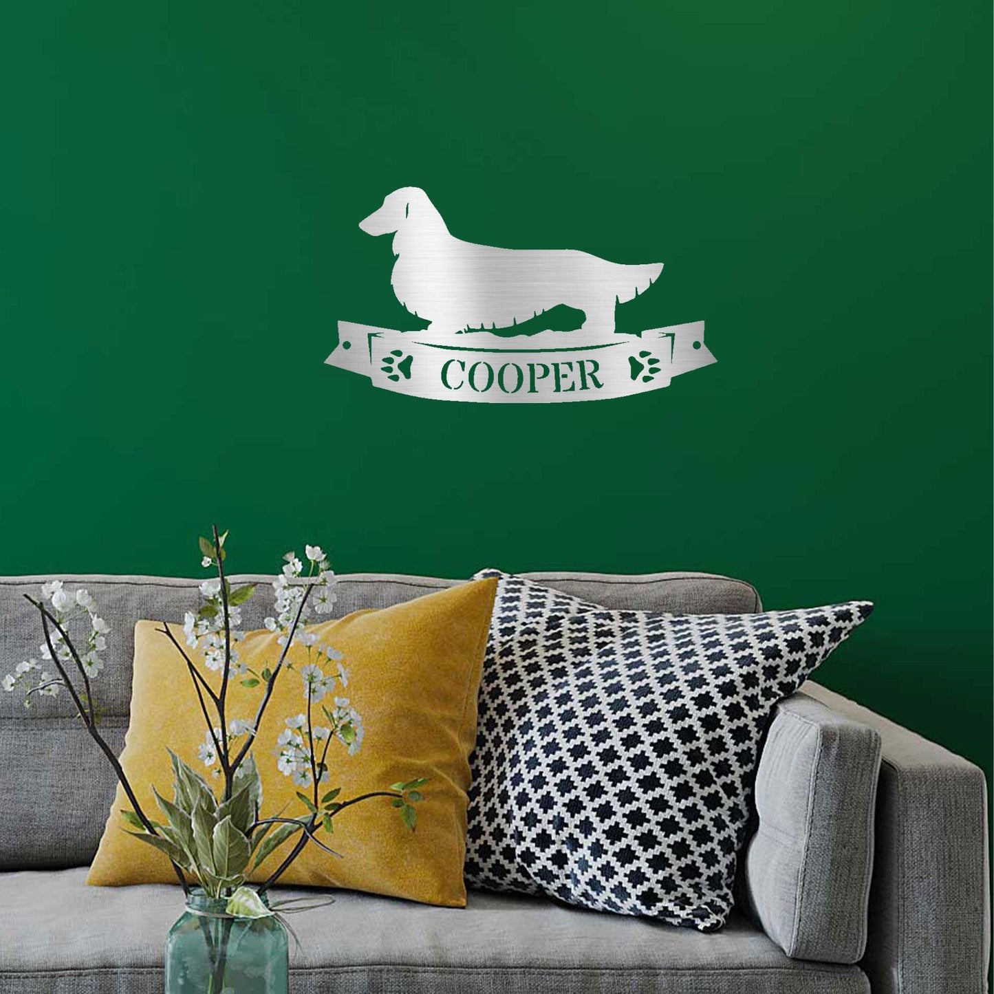 Dachshund Long Haired Banner Custom Name Metal Art Wall Sign - Mallard Moon Gift Shop