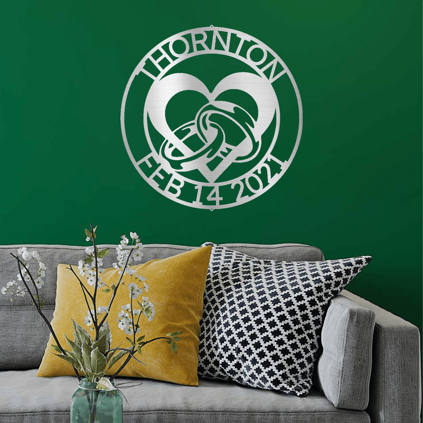 Engagement Wedding Rings and Heart Custom Name Metal Art Wall Sign - Mallard Moon Gift Shop