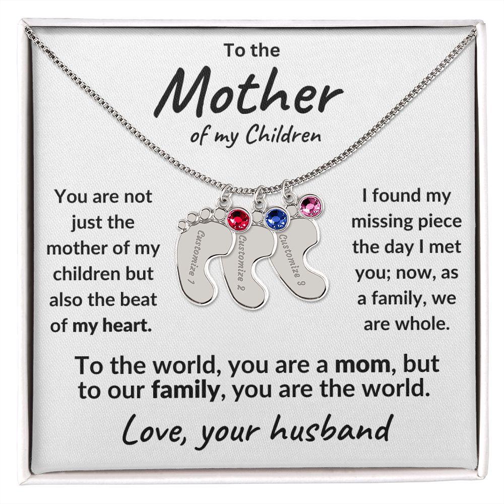 To the Mother of my Children Baby Feet Engraved Charms with Birthstone Necklace - Mallard Moon Gift Shop