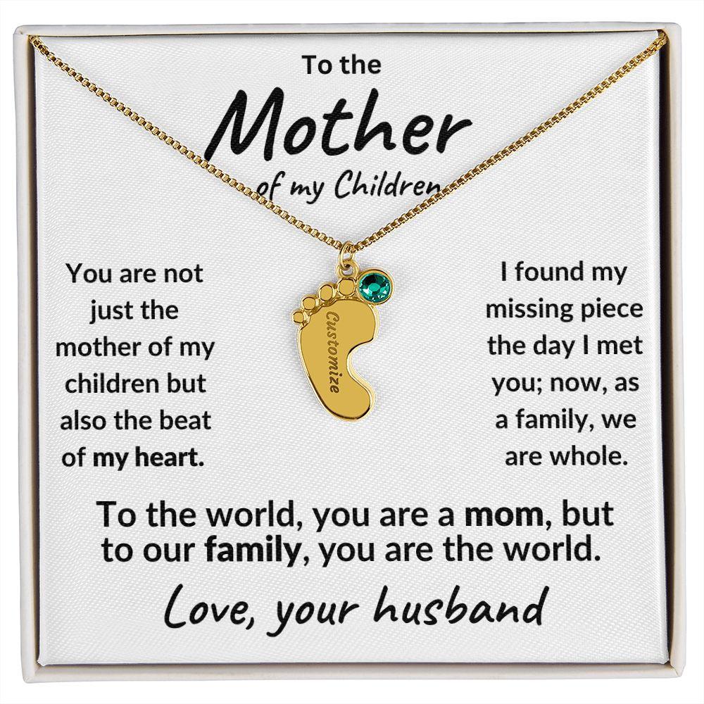 To the Mother of my Children Baby Feet Engraved Charms with Birthstone Necklace - Mallard Moon Gift Shop