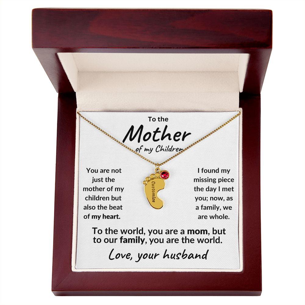 To the Mother of my Children Baby Feet Engraved Charms with Birthstone Necklace - Mallard Moon Gift Shop