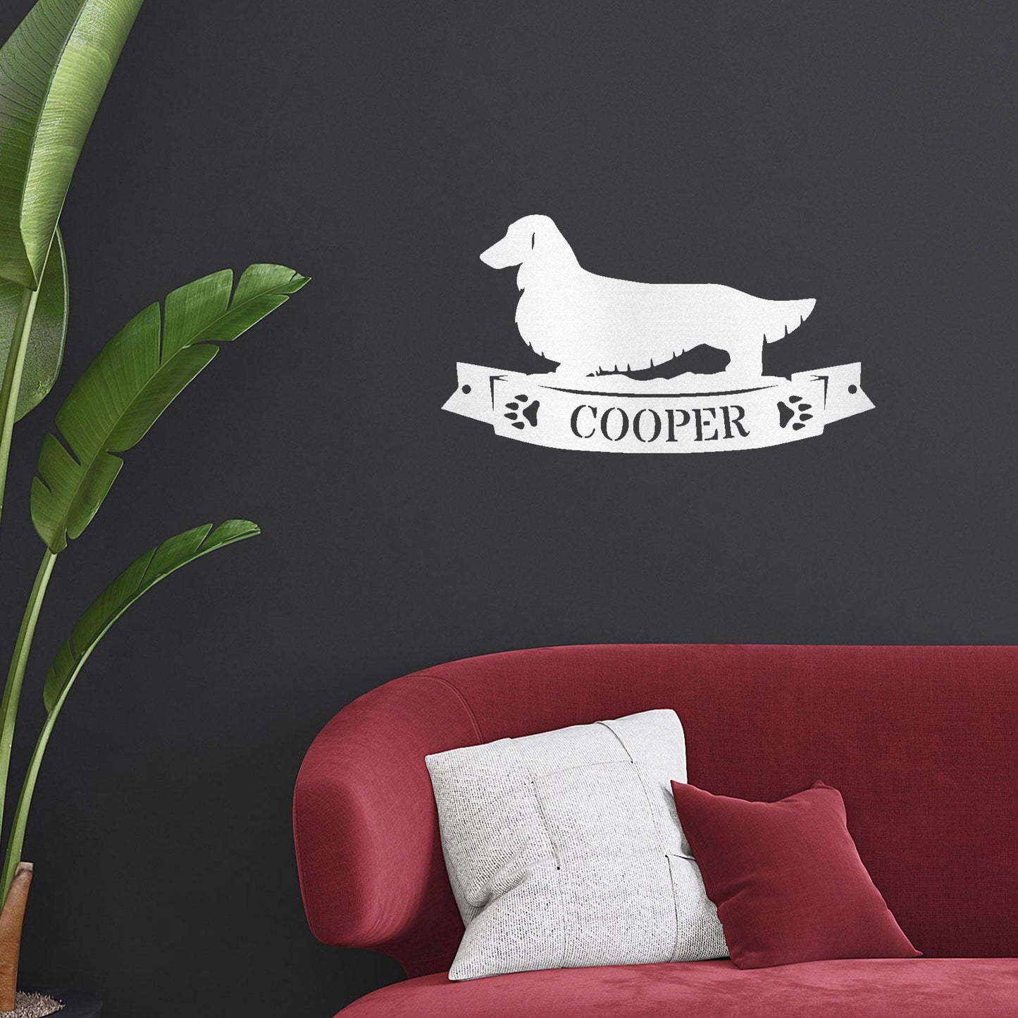 Dachshund Long Haired Banner Custom Name Metal Art Wall Sign - Mallard Moon Gift Shop
