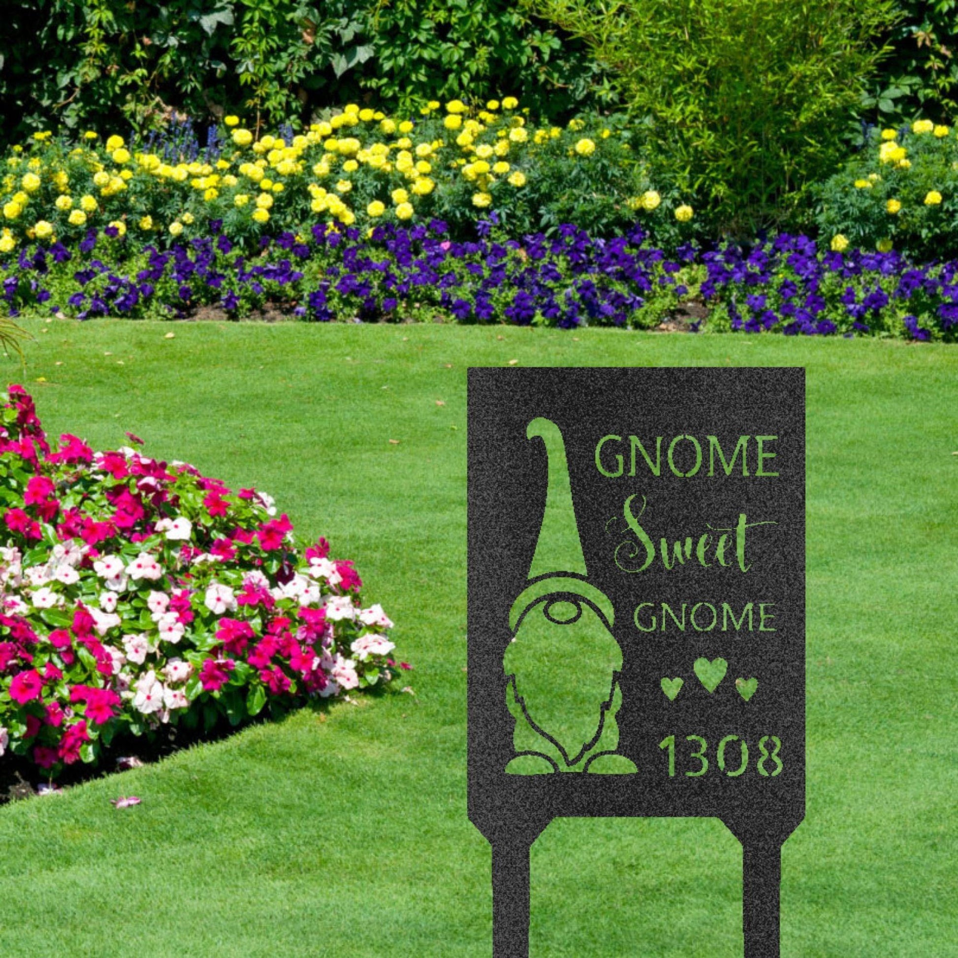 Gnome Sweet Home Custom Address Garden Lawn Steel Stake - Mallard Moon Gift Shop