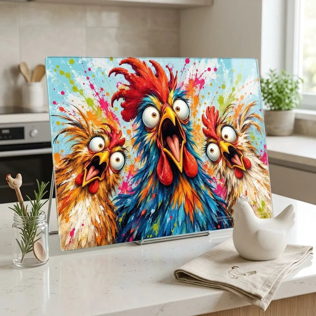 Three Screaming Chickens Cutting Board, Funny Chicken Kitchen Decor, Colorful Chicken Lover Gift, Farmhouse Kitchen Gift