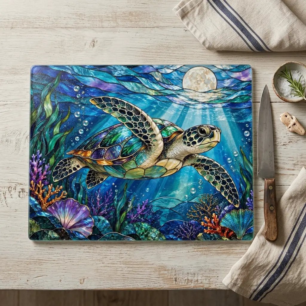 Sea Turtle Cutting Board, Ocean Kitchen Decor, Underwater Sea Life Chopping Board, Moonlit Marine Animal Gift, Coastal Kitchen Accent