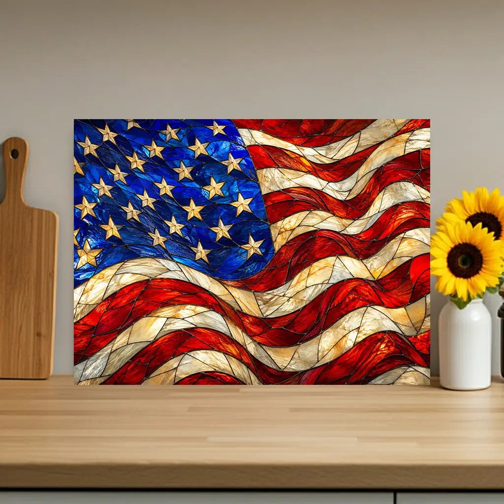 American Patriotic Flag Glass Cutting Board, Stained Glass Style USA Flag, Americana Kitchen Decor, Patriotic Gift