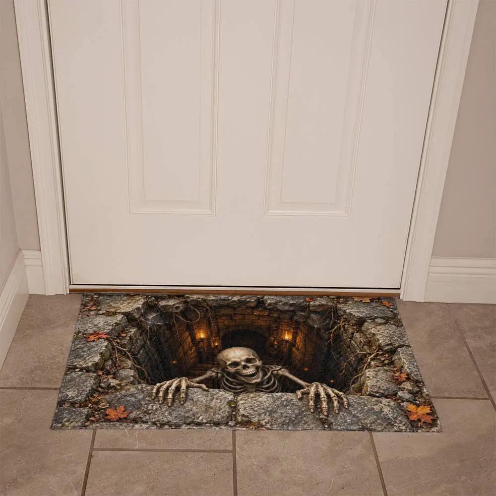 Skeleton Halloween Doormat, 3D Stairwell Illusion Door Mat, Creepy Skeleton Welcome Mat, Spooky Halloween Porch Decor