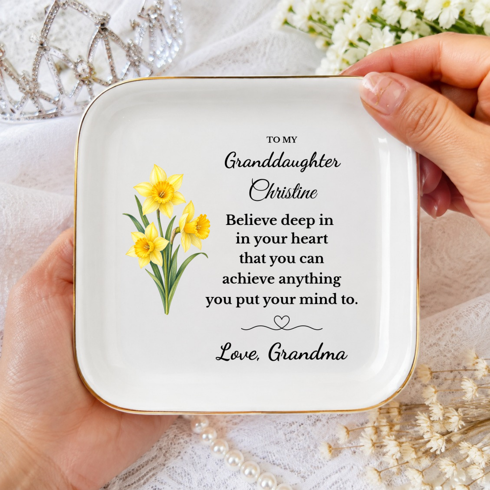 Personalized Daughter/ Granddaughter Jewelry Dish, Birth Flower Trinket Tray, Custom Name Inspirational Ceramic Ring Dish