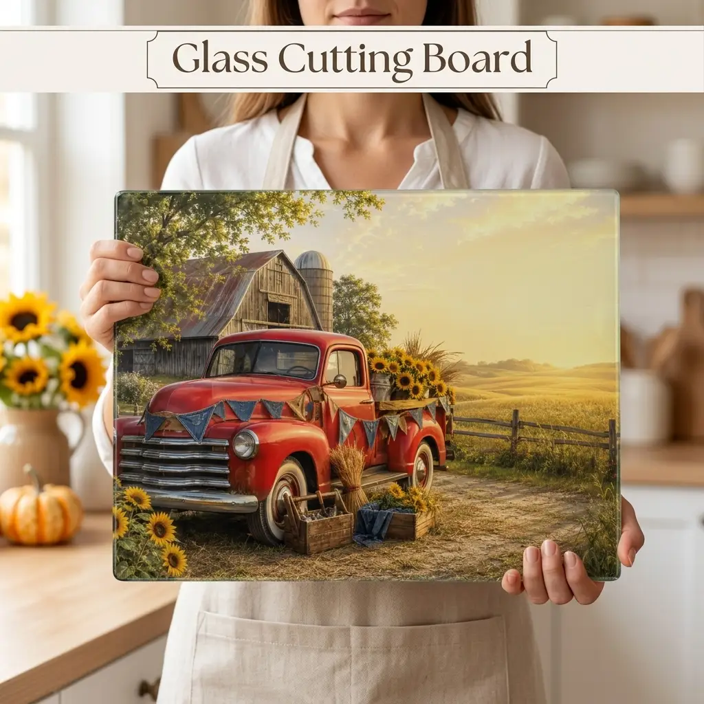 Red Vintage Truck Glass Cutting Board, Sunflower Farmhouse Kitchen Decor, Country Harvest Cutting Board, Rustic Farmhouse Gift