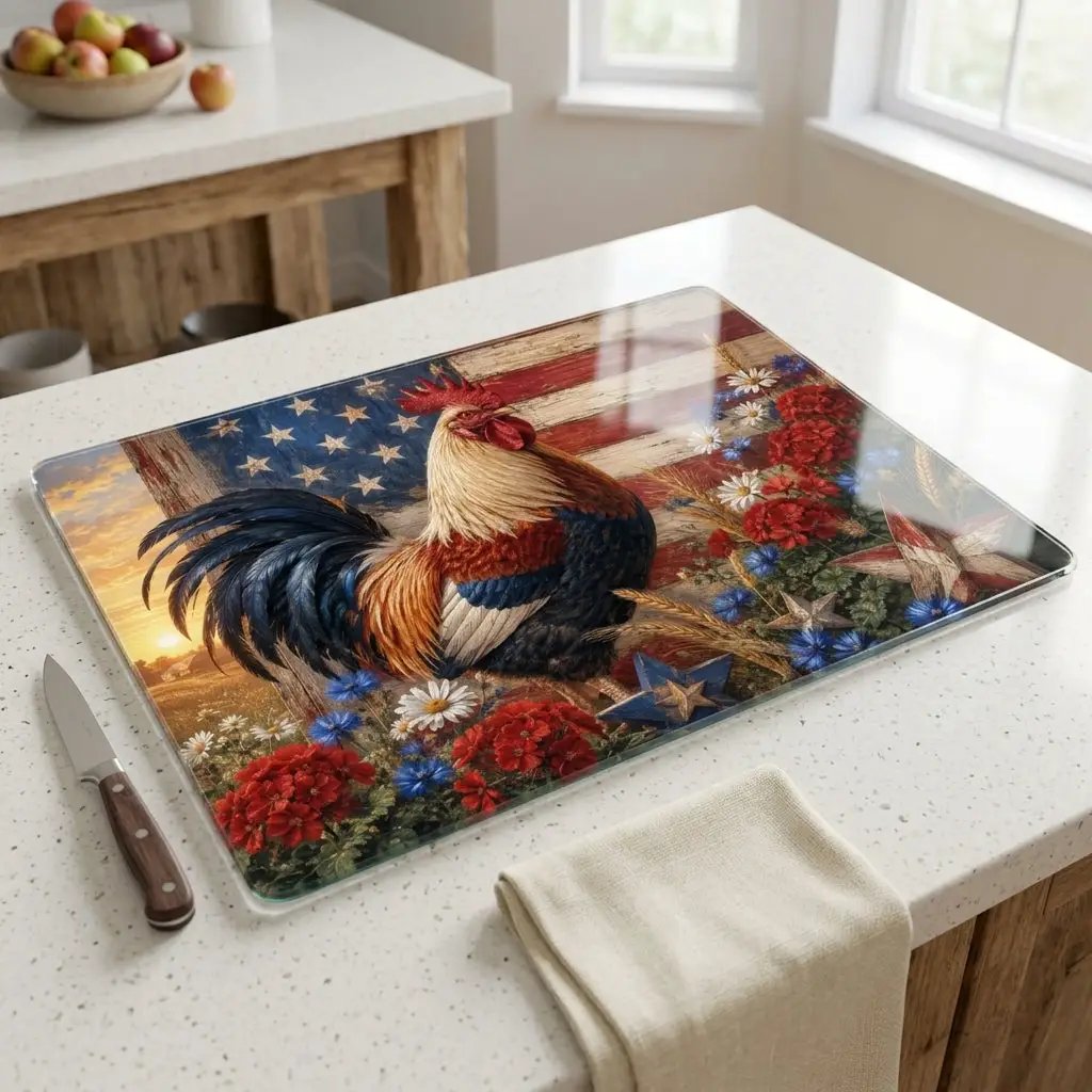 Patriotic Rooster Cutting Board, American Flag Glass Cutting Board, Farmhouse Kitchen Decor, Americana Rooster Gift, Country Kitchen