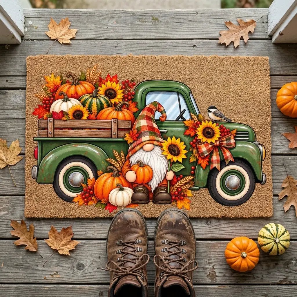 Fall Gnome Doormat, Vintage Green Truck Welcome Mat, Autumn Pumpkin Coir Doormat, Farmhouse Fall Porch Decor, Harvest Door Mat