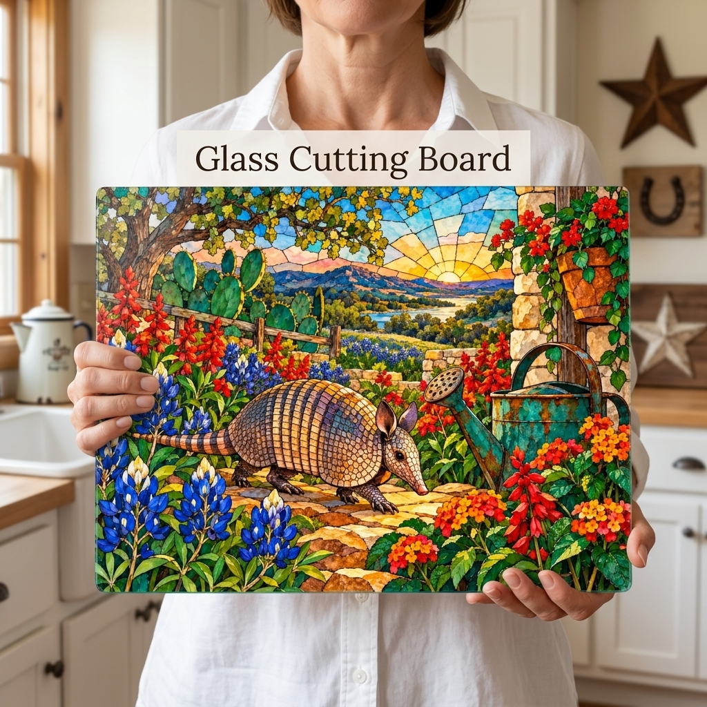 Texas Armadillo Glass Cutting Board, Stained Glass Bluebonnet Kitchen Decor, Colorful Lone Star State Gift