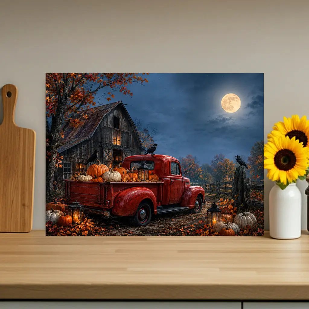 Halloween Glass Cutting Board, Red Vintage Truck with Pumpkins, Spooky Farmhouse Kitchen Decor, Rustic Halloween Gift