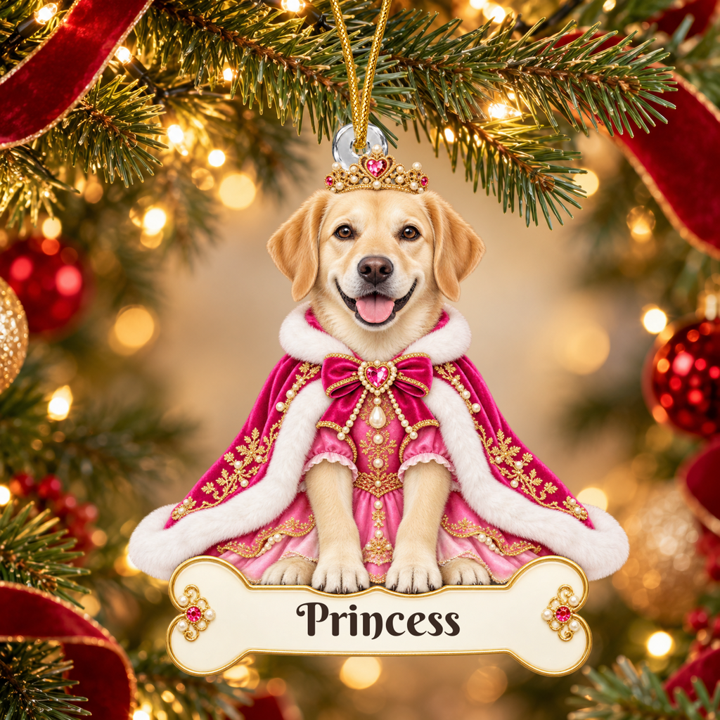 Personalized Princess Dog Ornament from Photo, Custom Pet Portrait Acrylic Cutout, Pink Royal Puppy Christmas Ornament, Dog Mom Gift