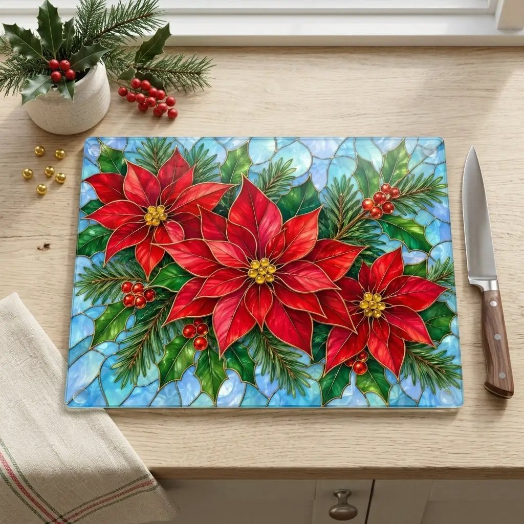 Christmas Poinsettia Glass Cutting Board, Evergreen Holiday Kitchen Decor, Red Floral Serving Board, Festive Winter Cooking Gift Idea