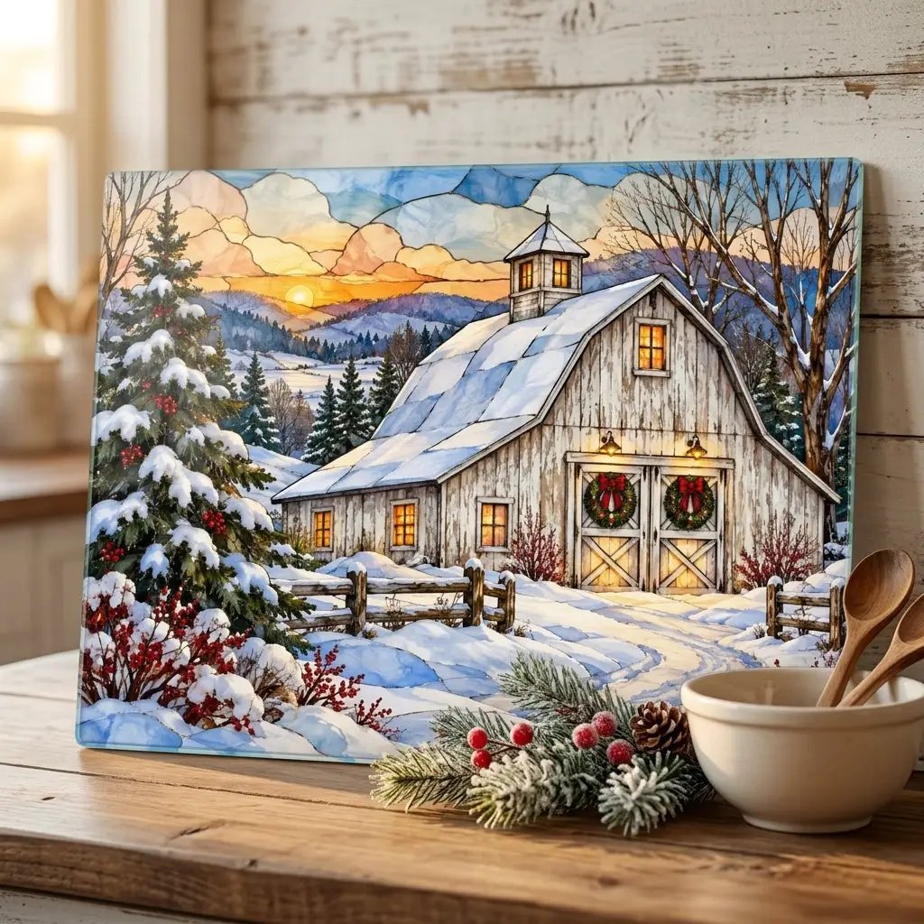 White Barn Glass Cutting Board, Christmas Farmhouse Decor, Winter Country Kitchen, Rustic Holiday Gift, Snowy Barn Christmas Decor