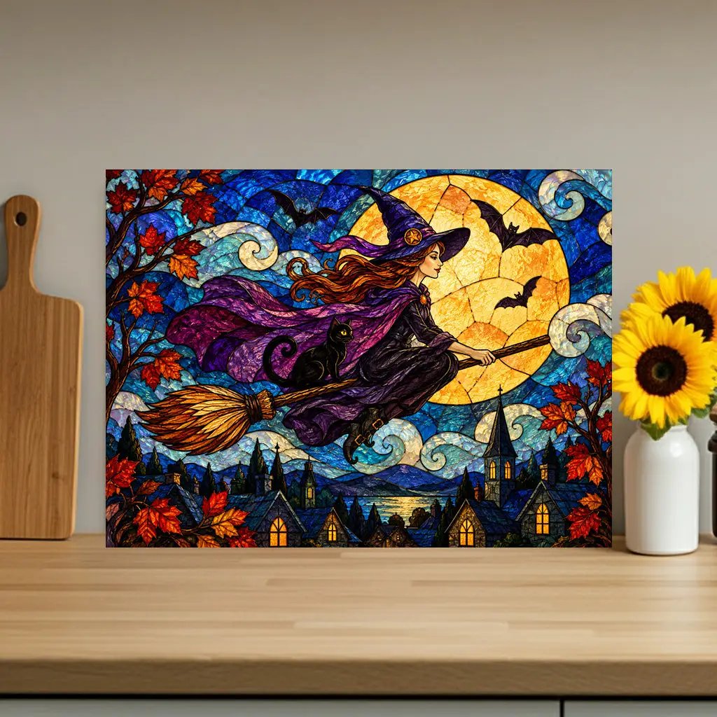 Halloween Flying Witch Personalized Glass Cutting Board, Spooky Pumpkin Kitchen Decor