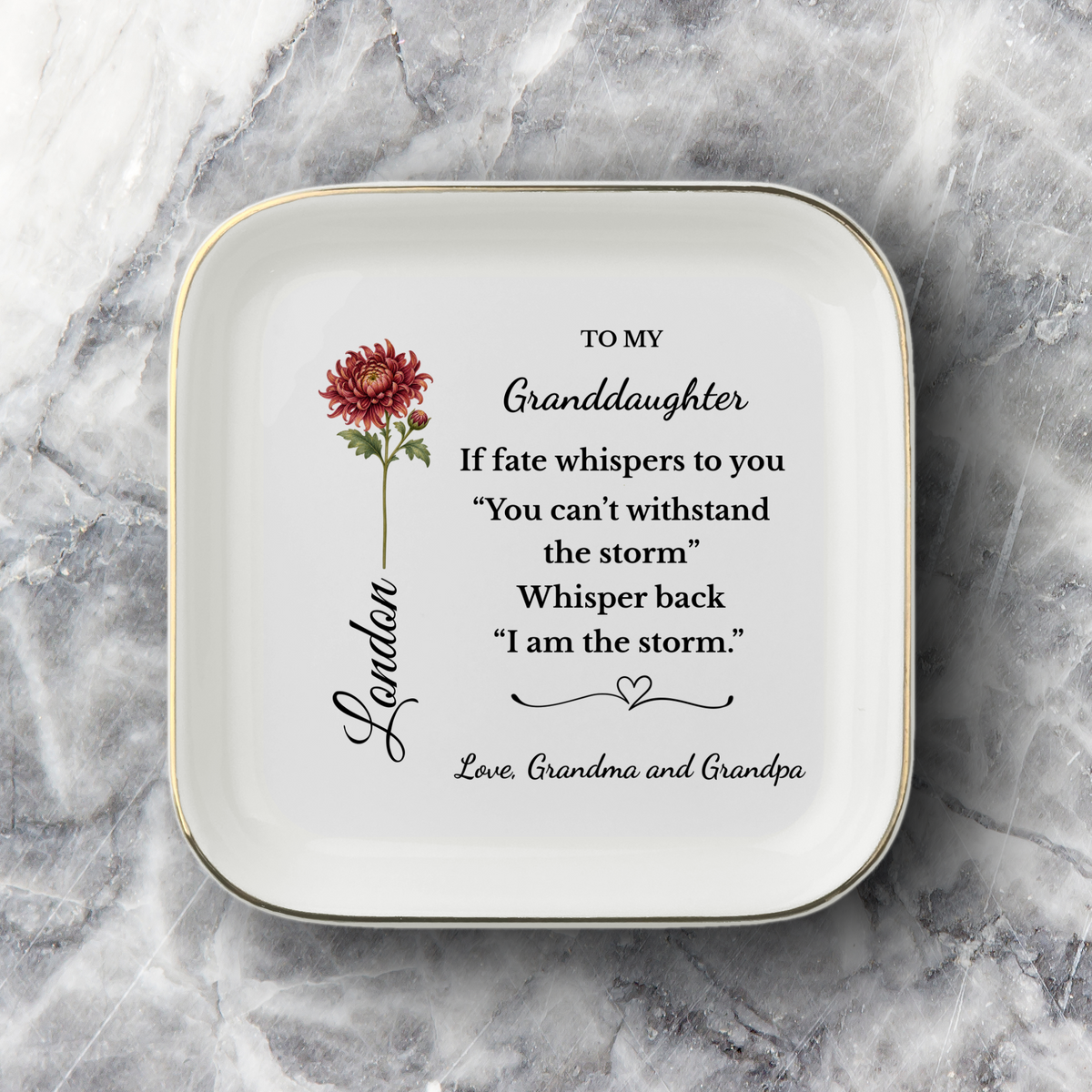 Personalized Birth Flower Jewelry Dish for Daughter or Granddaughter, I Am the Storm Quote, Custom Name Ring Dish, Inspirational Gift
