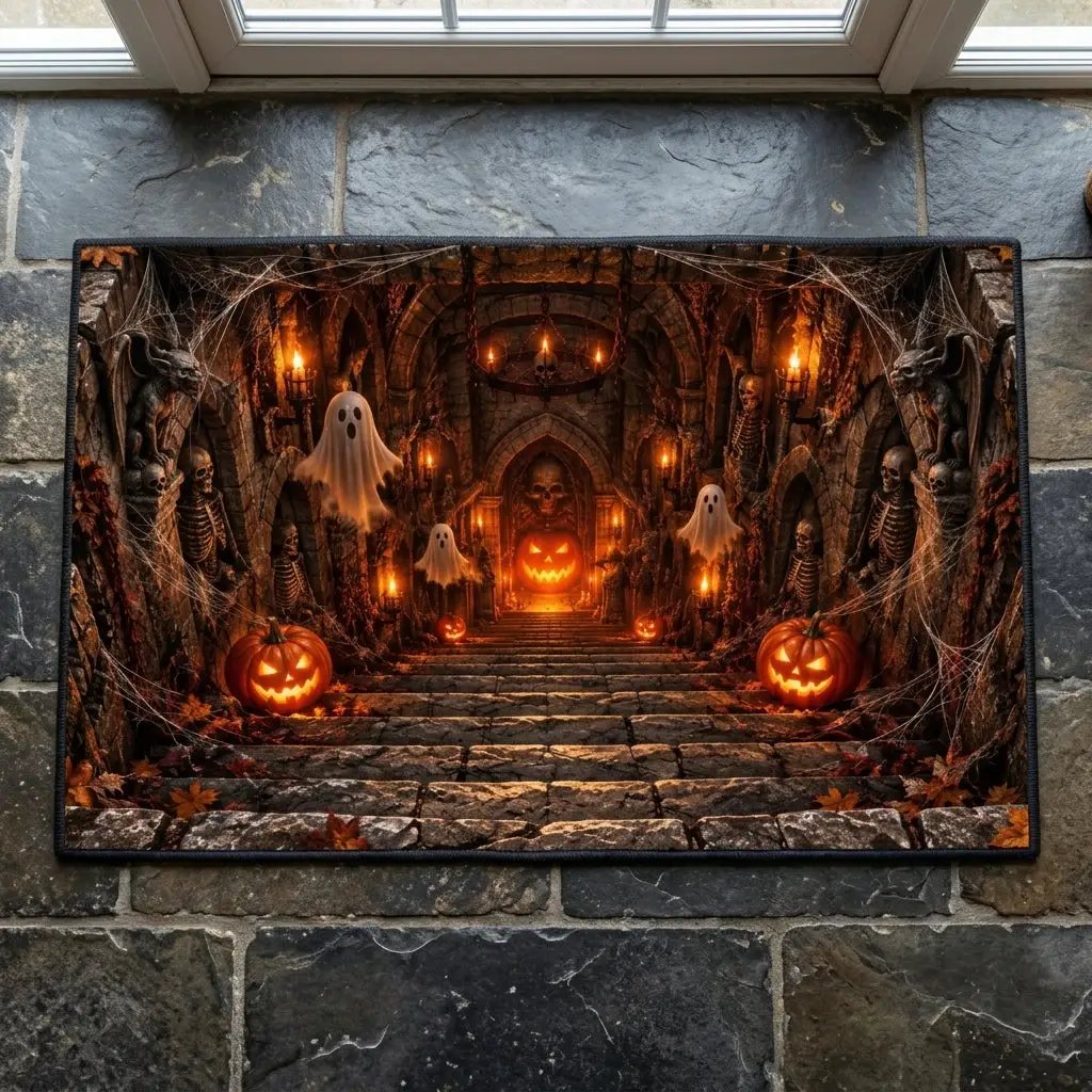 3D Haunted Crypt Doormat, Halloween Ghost Door Mat, Spooky Dungeon Entrance Mat, Skeleton Pumpkin Decor, Gothic Halloween Welcome Mat