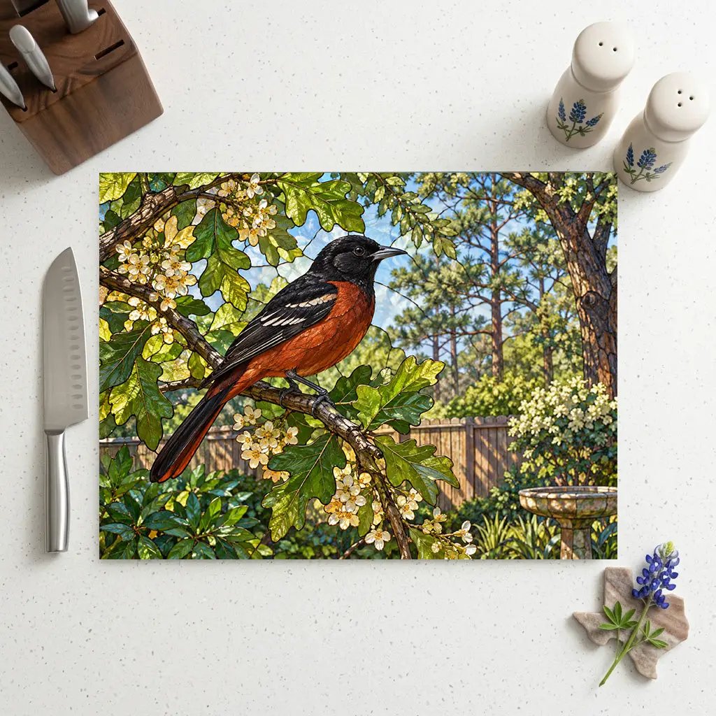 Orchard Oriole Glass Cutting Board, Backyard Bird Kitchen Decor, Oriole Bird Lover Gift, Nature Serving Board, Birdwatcher Gift