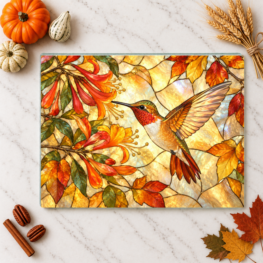 Hummingbird Cutting Board, Stained Glass Hummingbird Decor, Autumn Floral Kitchen Decor, Bird Lover Gift, Fall Hostess Gift