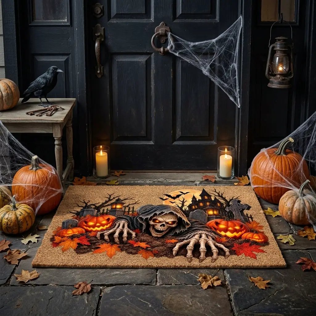 Creepy Skeleton Doormat, Grim Reaper Halloween Coir Mat, Scary Jack O Lantern Welcome Mat, Haunted House Spooky Porch Decor
