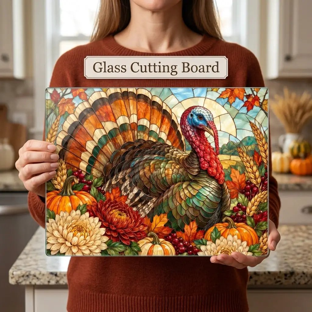 Thanksgiving Turkey Glass Cutting Board, Stained Glass Turkey Kitchen Decor, Fall Floral Harvest Cutting Board, Autumn Gift